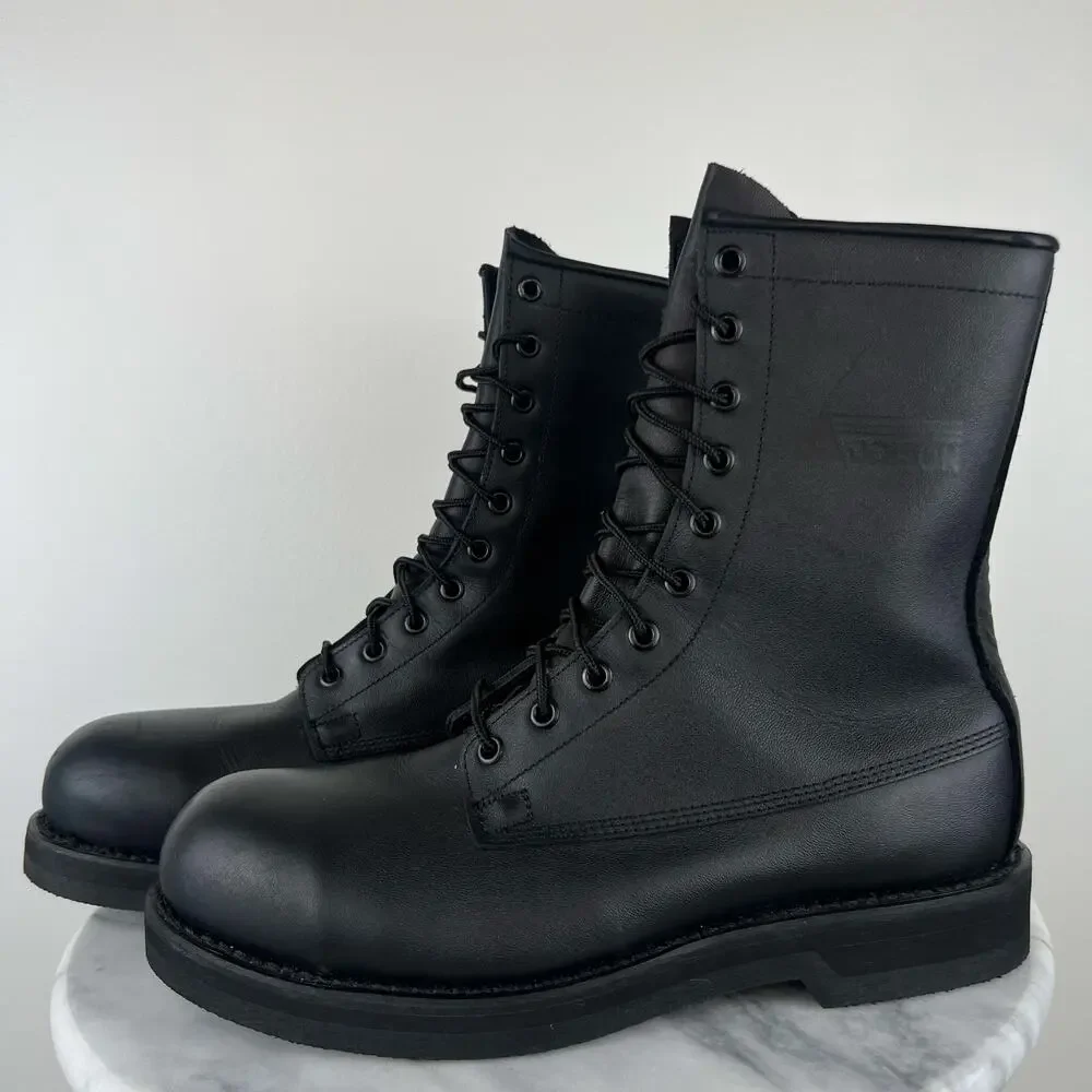 Men's Addison Black Leather Steel Toe Lace Up High Top Military Work Boots (9)